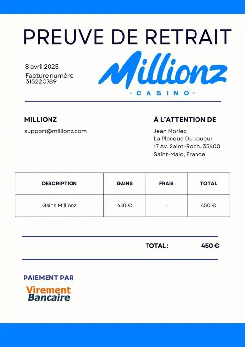 Facture retrait Millionz