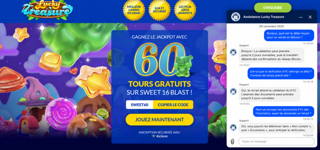 Question au support de Lucky Treasure sur les retraits et le KYC