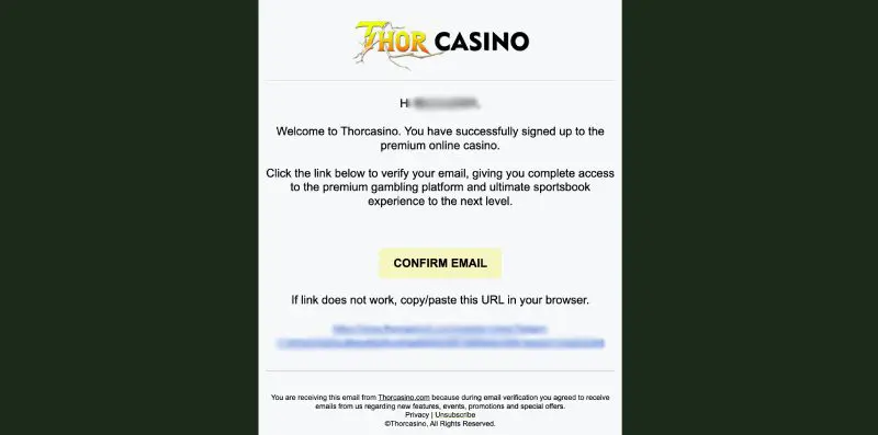Capture d'&eacute;cran Thor Casino - v&eacute;rification de l'email