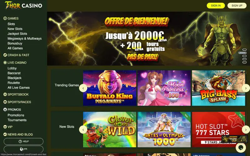 Capture d'&eacute;cran Thor Casino - page d'accueil