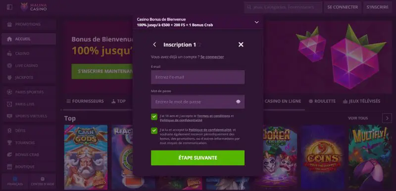 Codes bonus sans dépôt casino Malina : aperçu complet pour les joueurs français