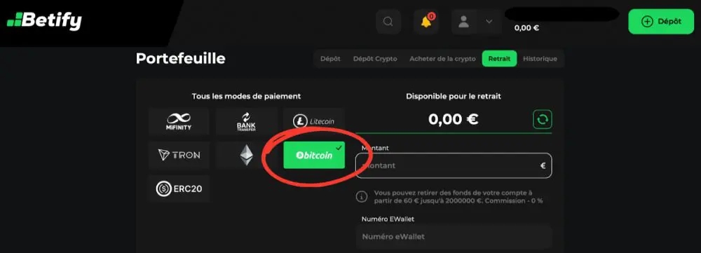 Choix m&eacute;thode de retrait sur Betify