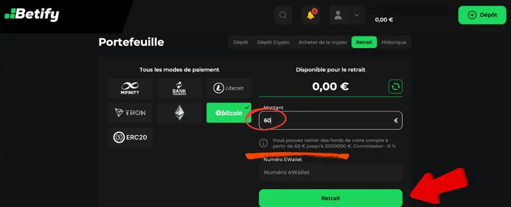 Choix montant du retrait sur Betify