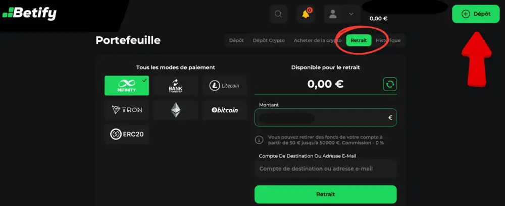 Section des retraits sur Betify