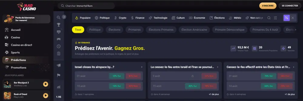 Capture d'écran marché de prédiction Madcasino