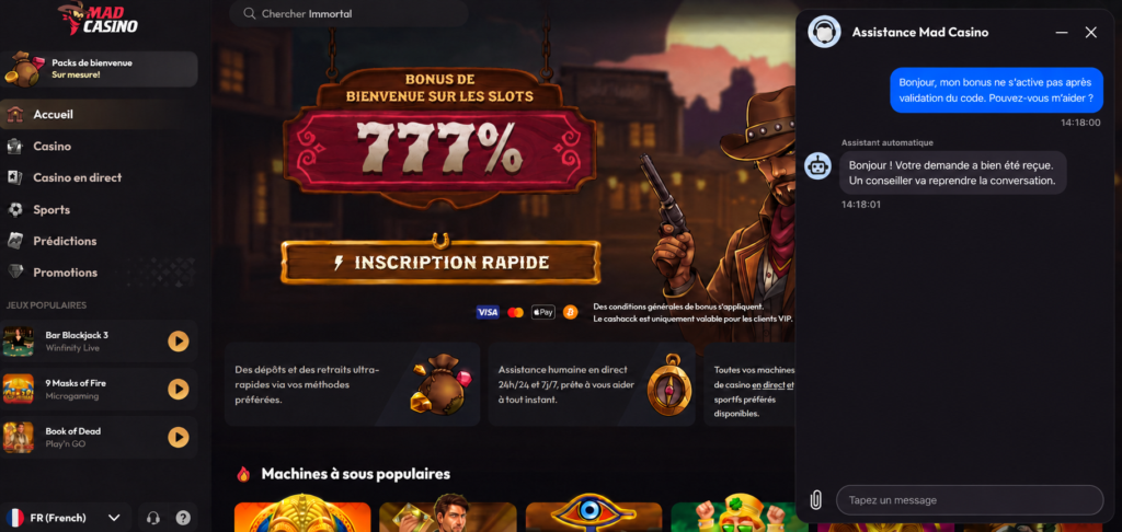 Échange avec le chat en direct de MadCasino