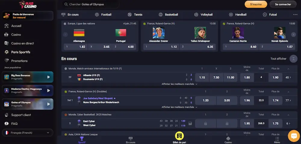 Les paris sportifs sur Mad Casino