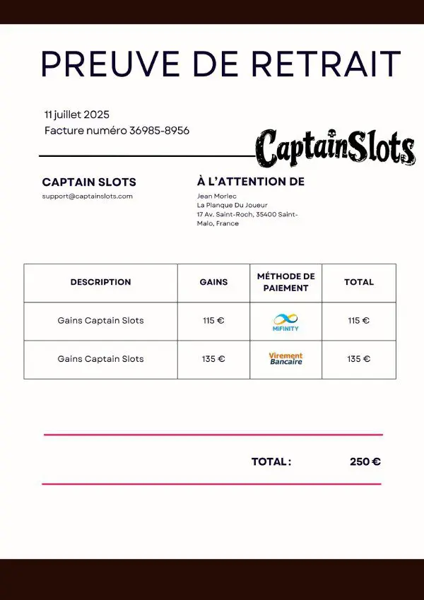 Preuve de retrait Captain Slots