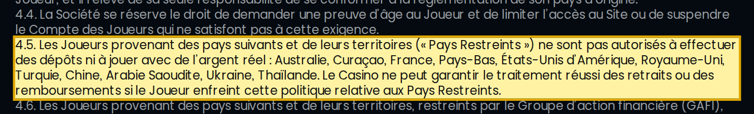 CGU de Snatch Casino, art. 4.5 : la France listée parmi les pays restreints