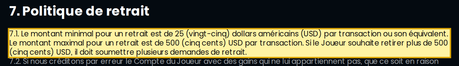 CGU de Snatch Casino, art. 7.1 : retrait de 500 € maximum par transaction