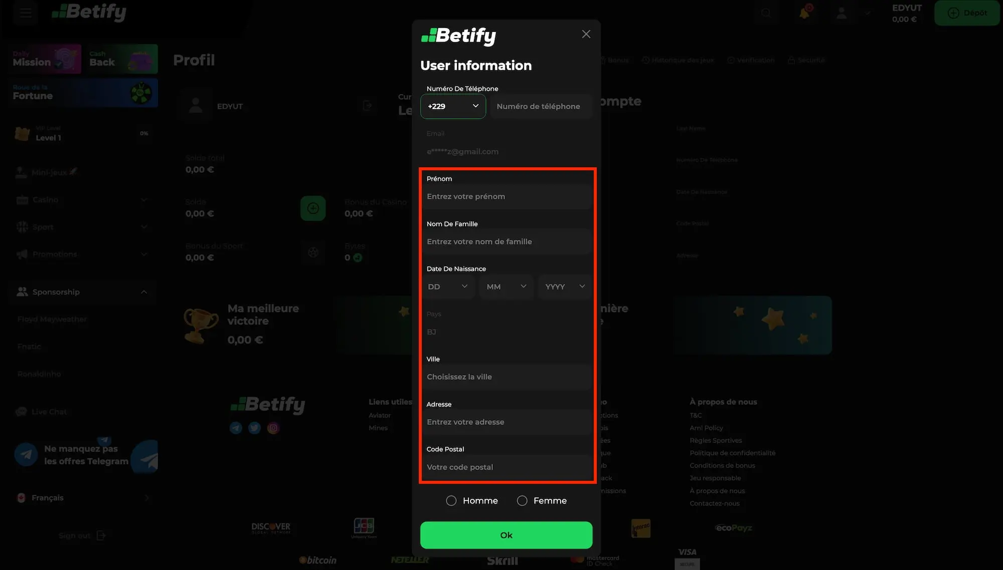 infos personnelles betify