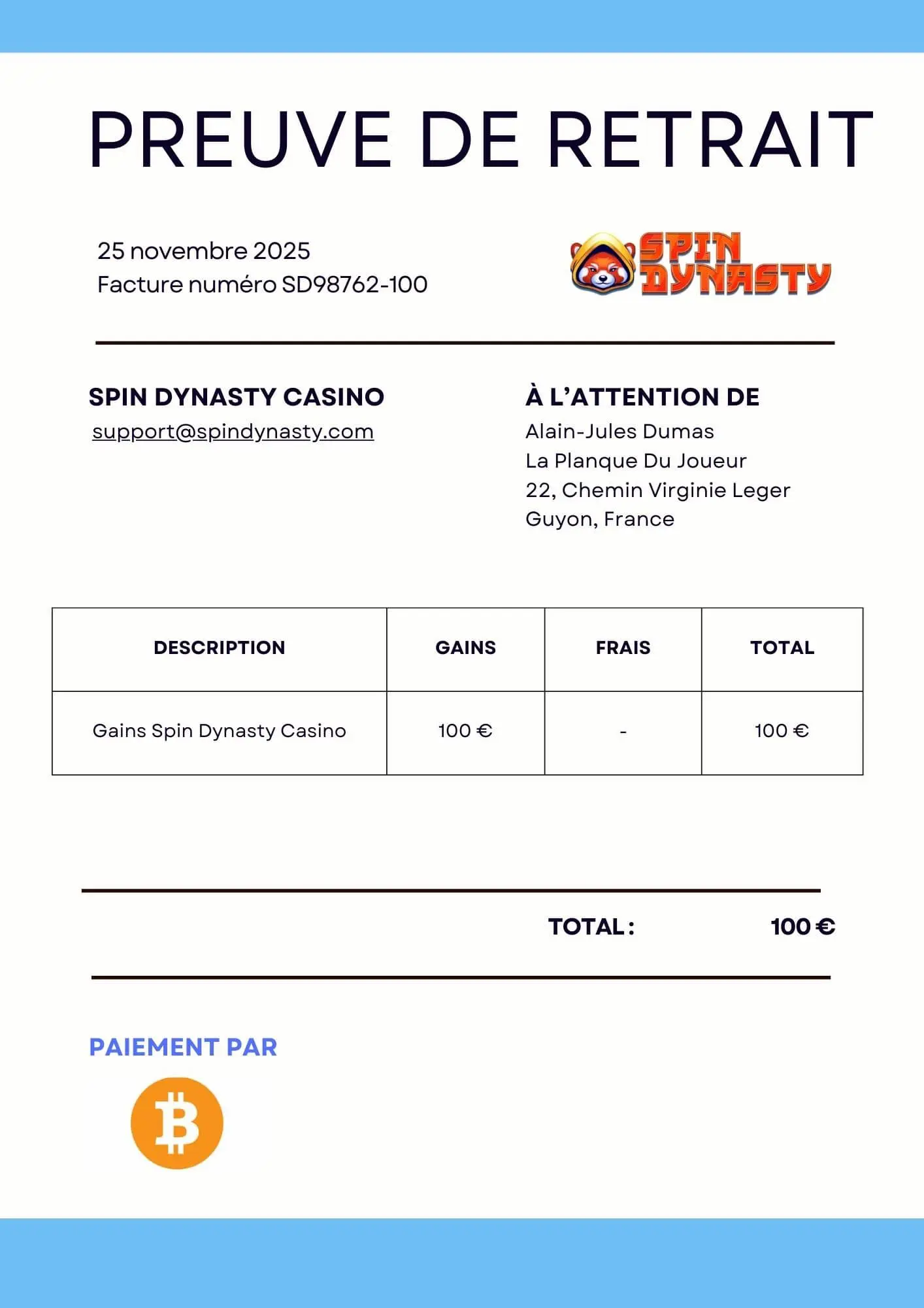 preuve de paiement spin dynasty