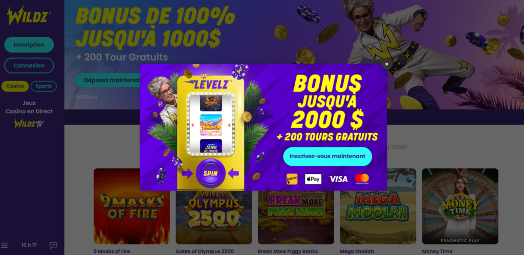 Page d'accueil de Wildz, casino sous licence MGA sans lien avec Wildzy