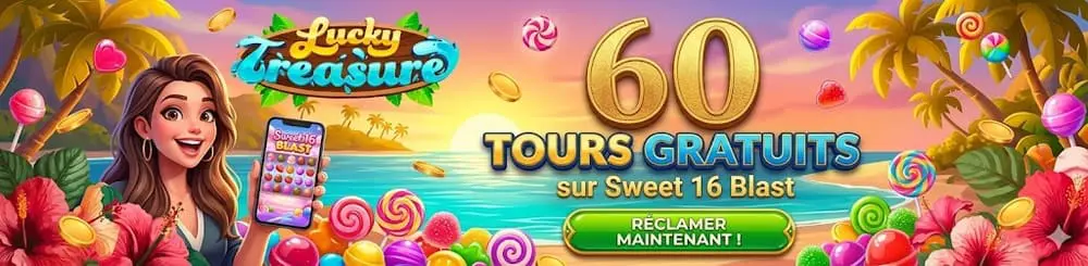 Bonus sans d&eacute;p&ocirc;t Lucky Treasure : 60 free spins sur Sweet 16 Blast