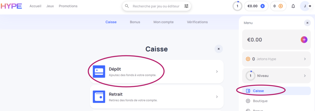 dépôt virement bancaire hypekasino - étape 1