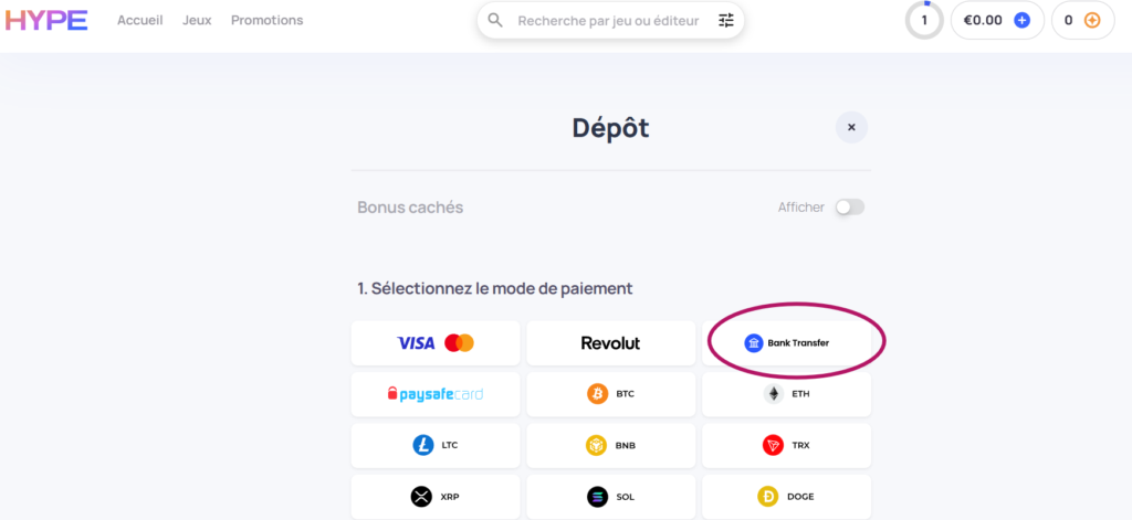 dépôt virement bancaire hypekasino - étape 2