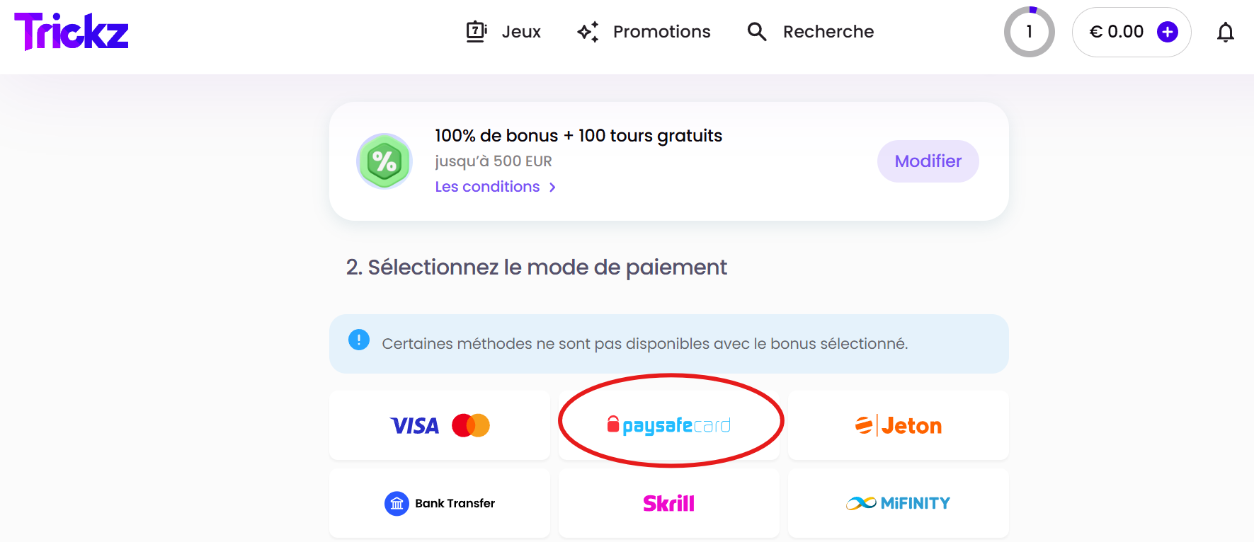 dépôt paysafecard étape 1