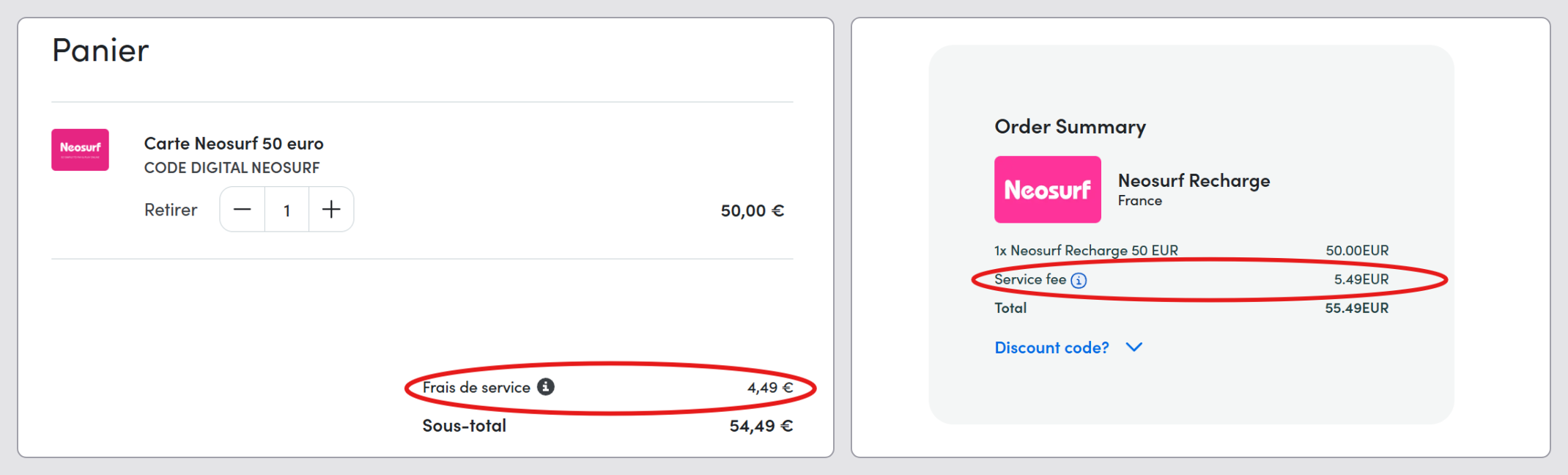 Frais d'achat carte neosurf