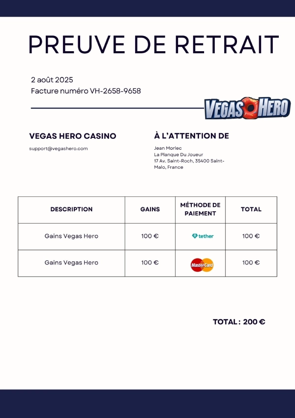 Preuve de retrait Vegas Hero