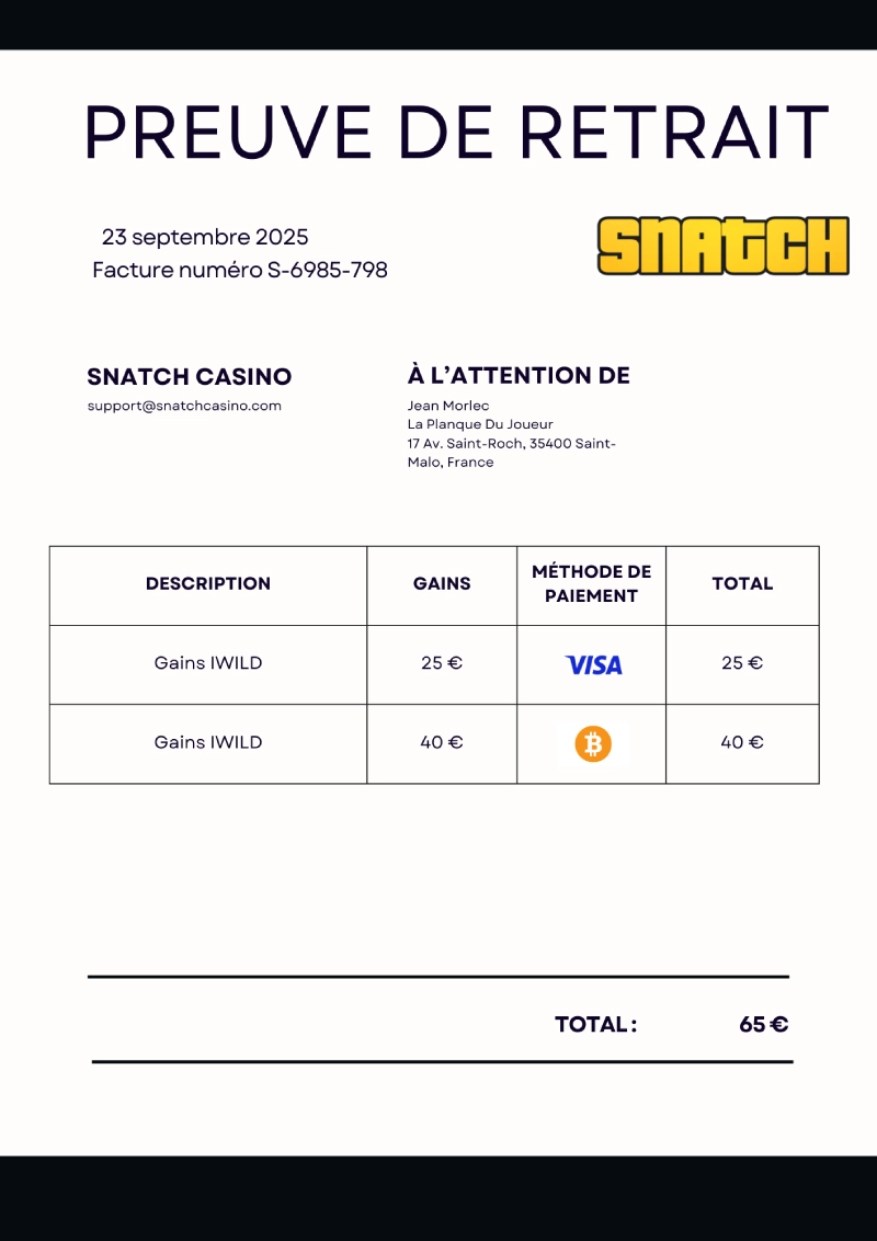 preuve de retrait sur snatch casino