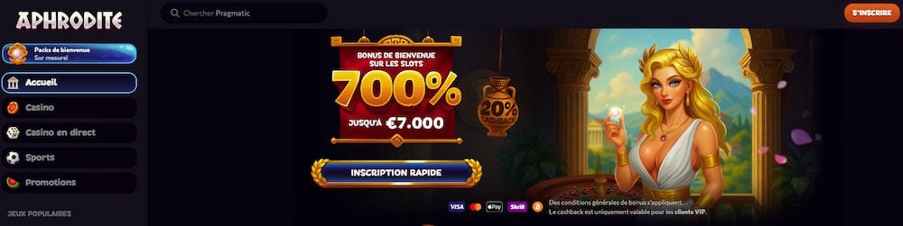 débloque Aphrodite Casino bonus de dépôt égalé en France