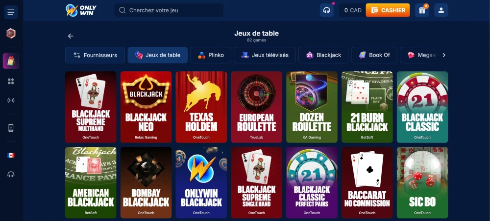 capture decran jeux de table onlywin canada