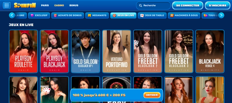 jeux en direct sur spinfin