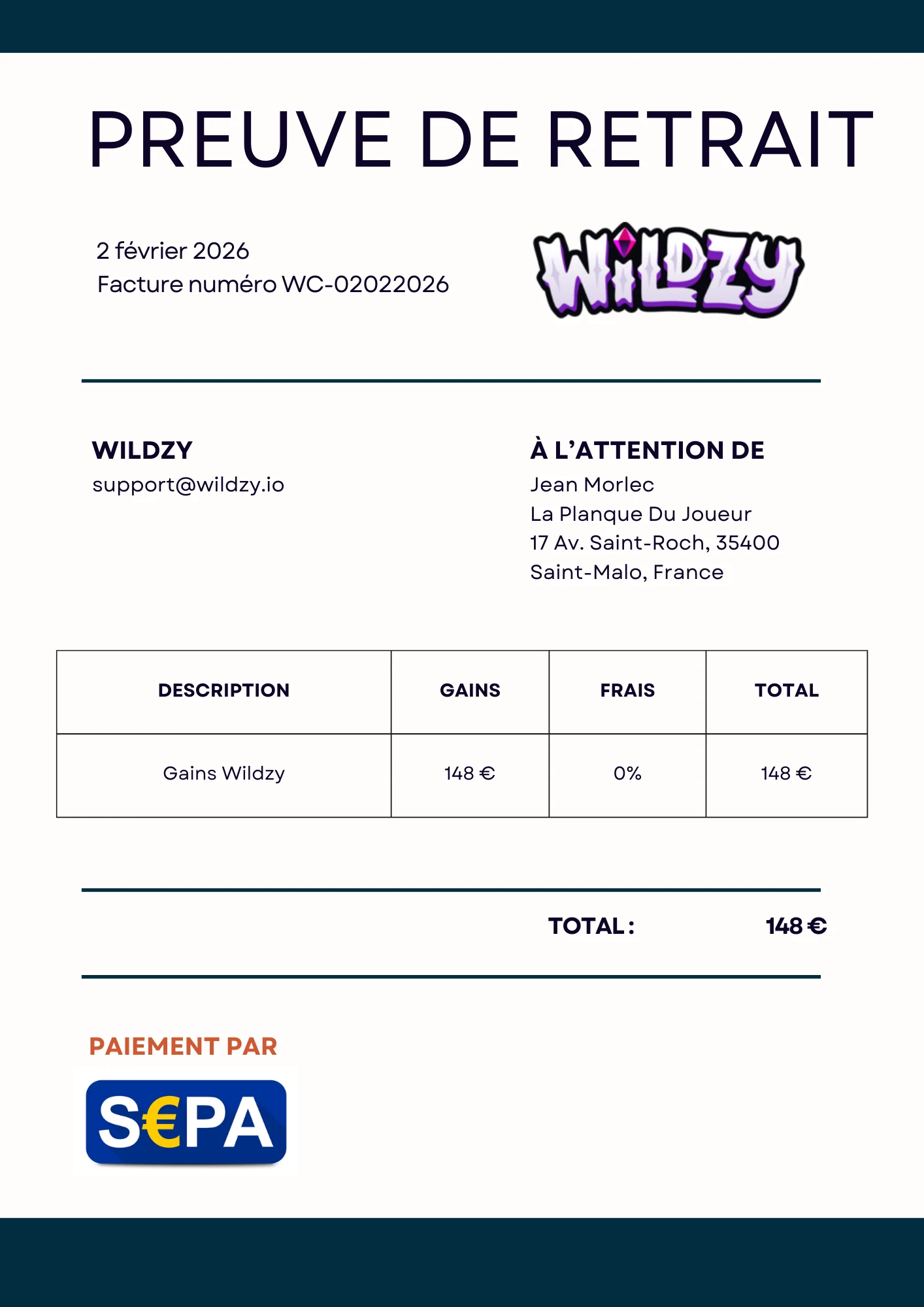 preuve de paiement wildzy