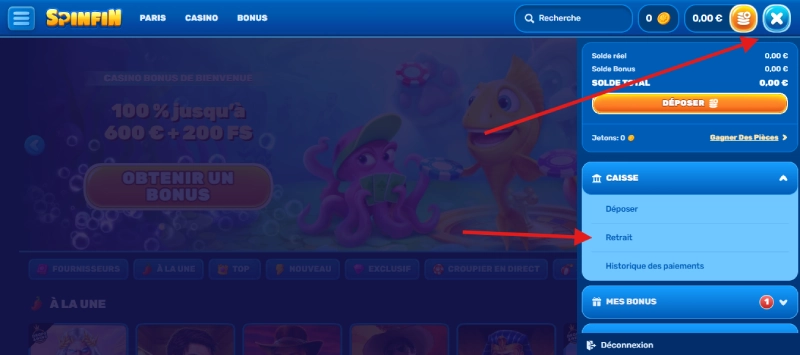 retrait étape1 spinfin casino