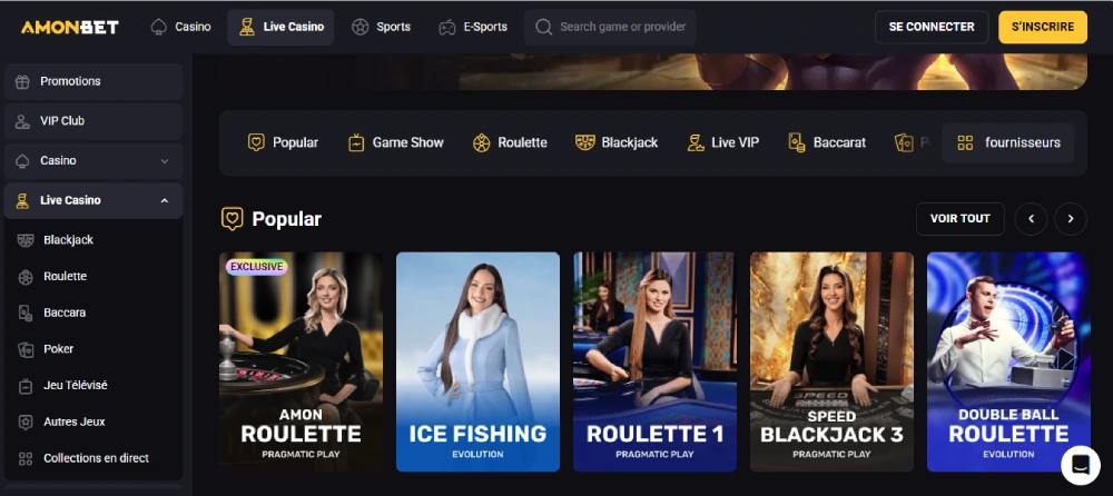 jeux en direct sur amonbet