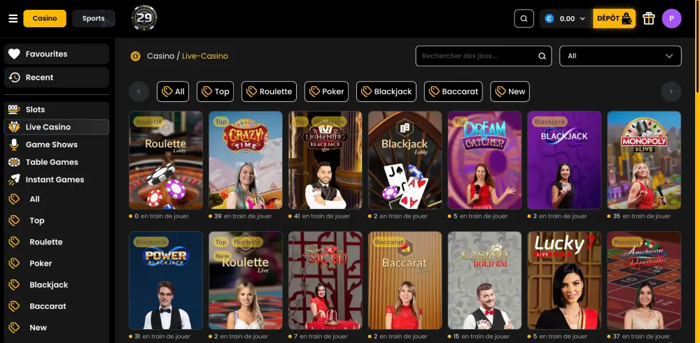 les jeux en direct sur 29Black Casino