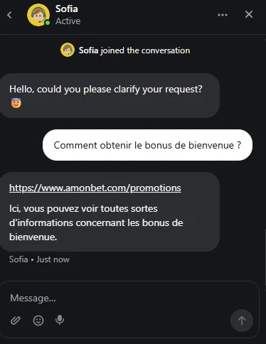 échange avec le service client Amonbet