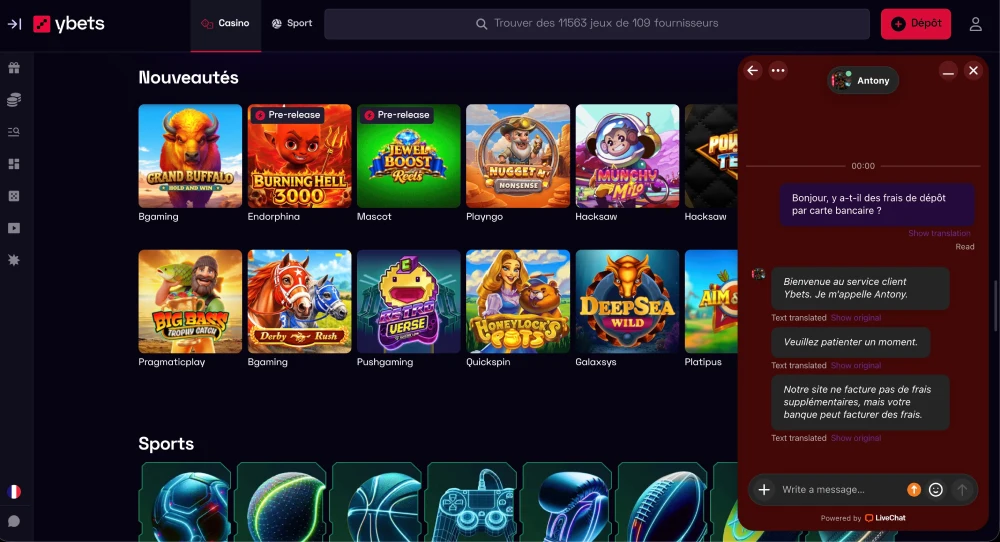 service client ybets casino