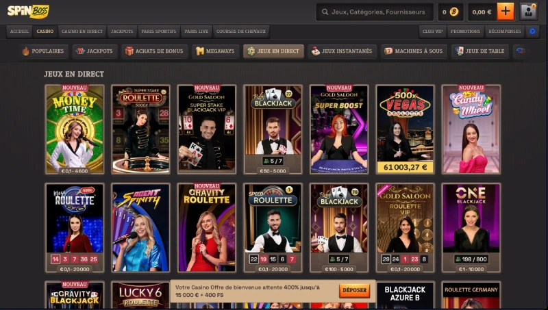 jeux en direct sur spinboss