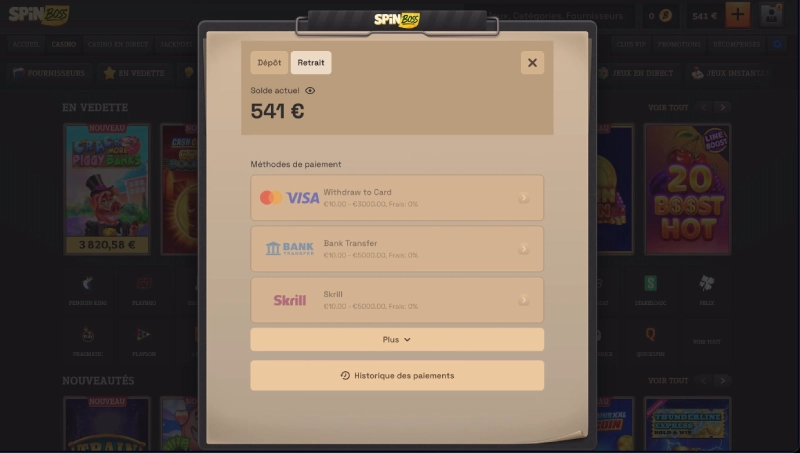 retrait sur spinboss casino