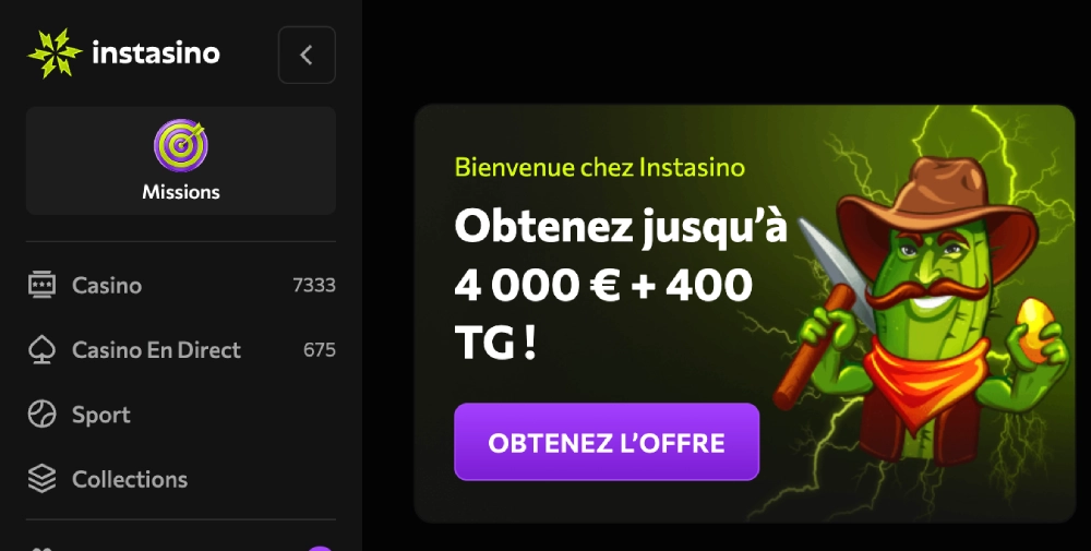 Bonus de bienvenue Instasino