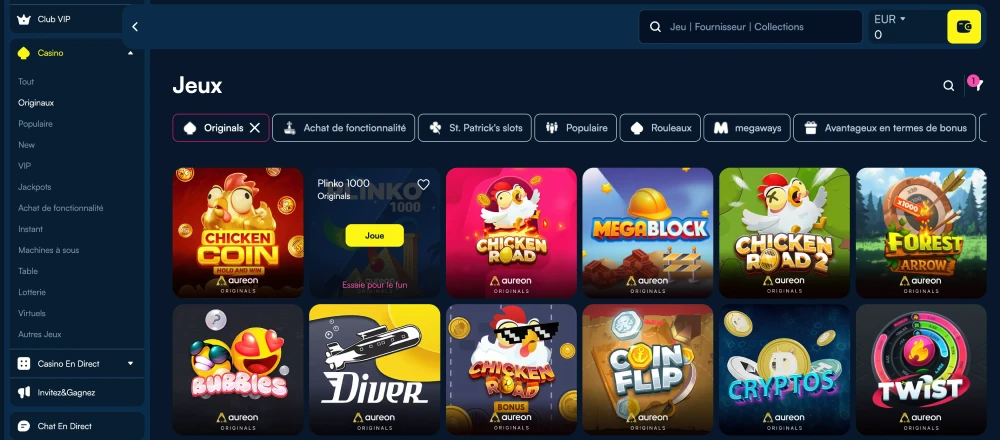 capture ecran des mini jeux sur aureonplay