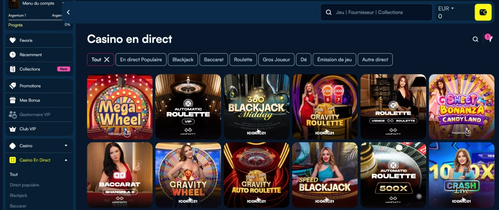 capture ecran du casino en direct sur aureonplay