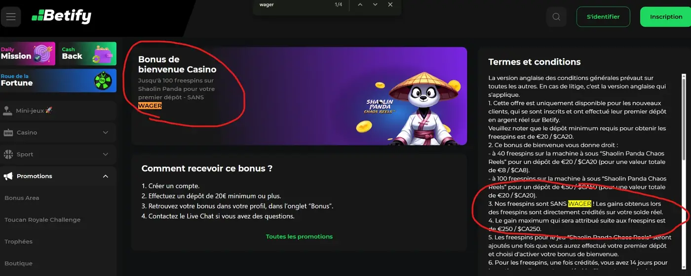Conditions du bonus sans wager de Betify, capture du site du casino