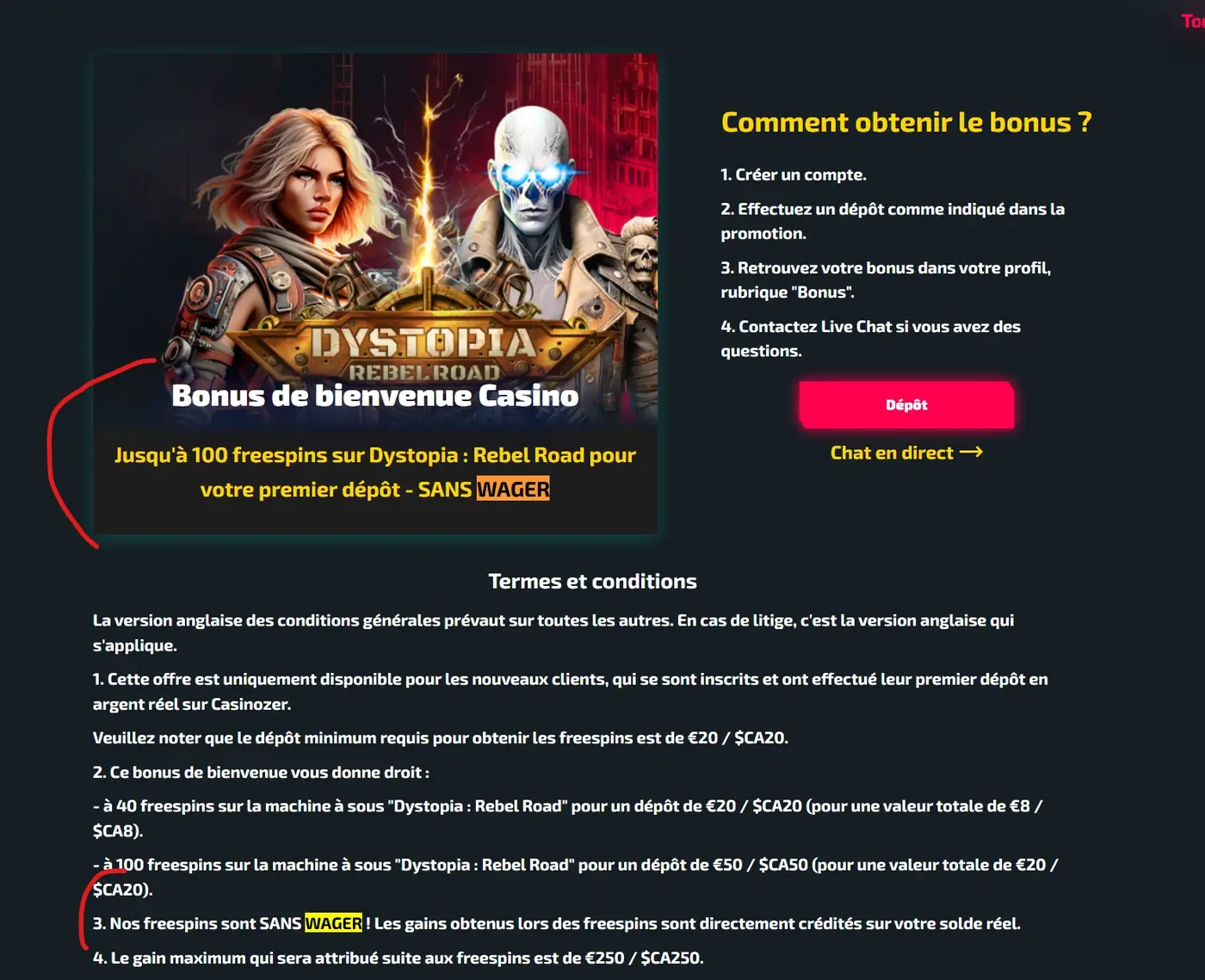 Conditions du bonus sans wager de Casinozer, capture du site du casino