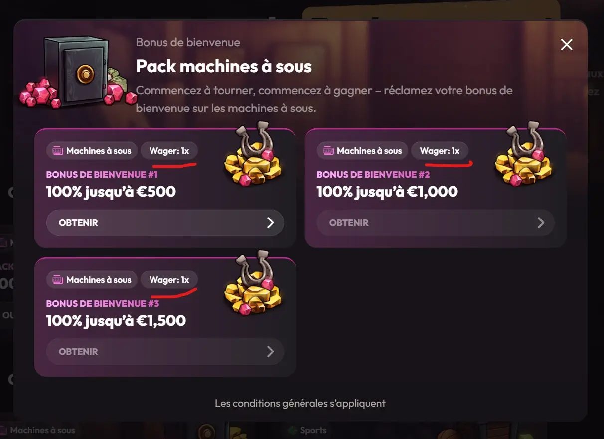 Conditions du bonus sans wager de Mad Casino, capture du site du casino