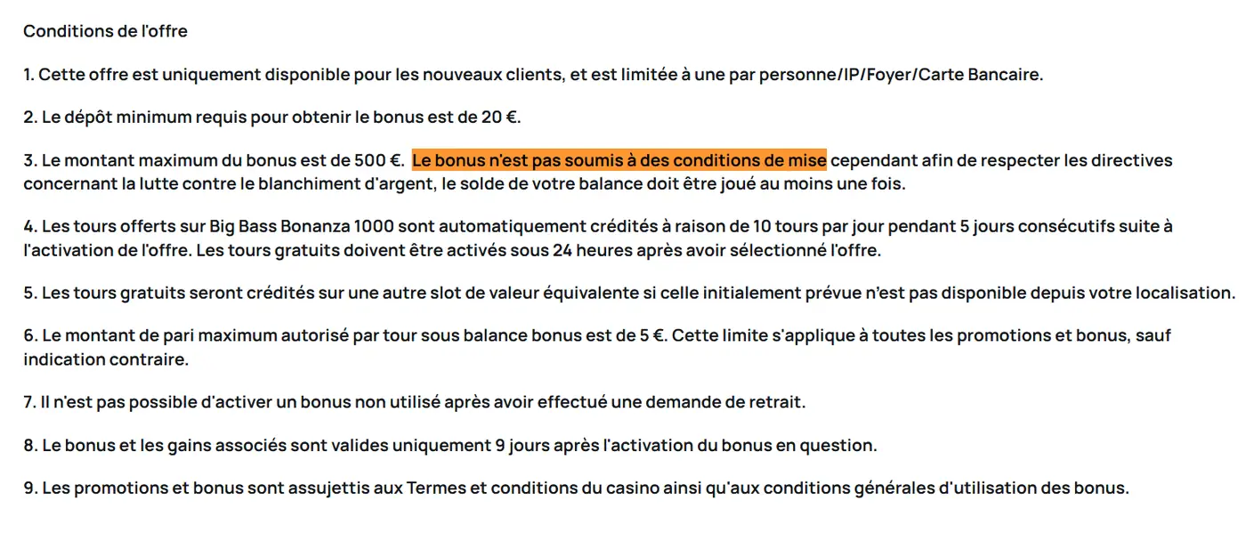 Conditions du bonus sans wager de Millionz, capture du site du casino