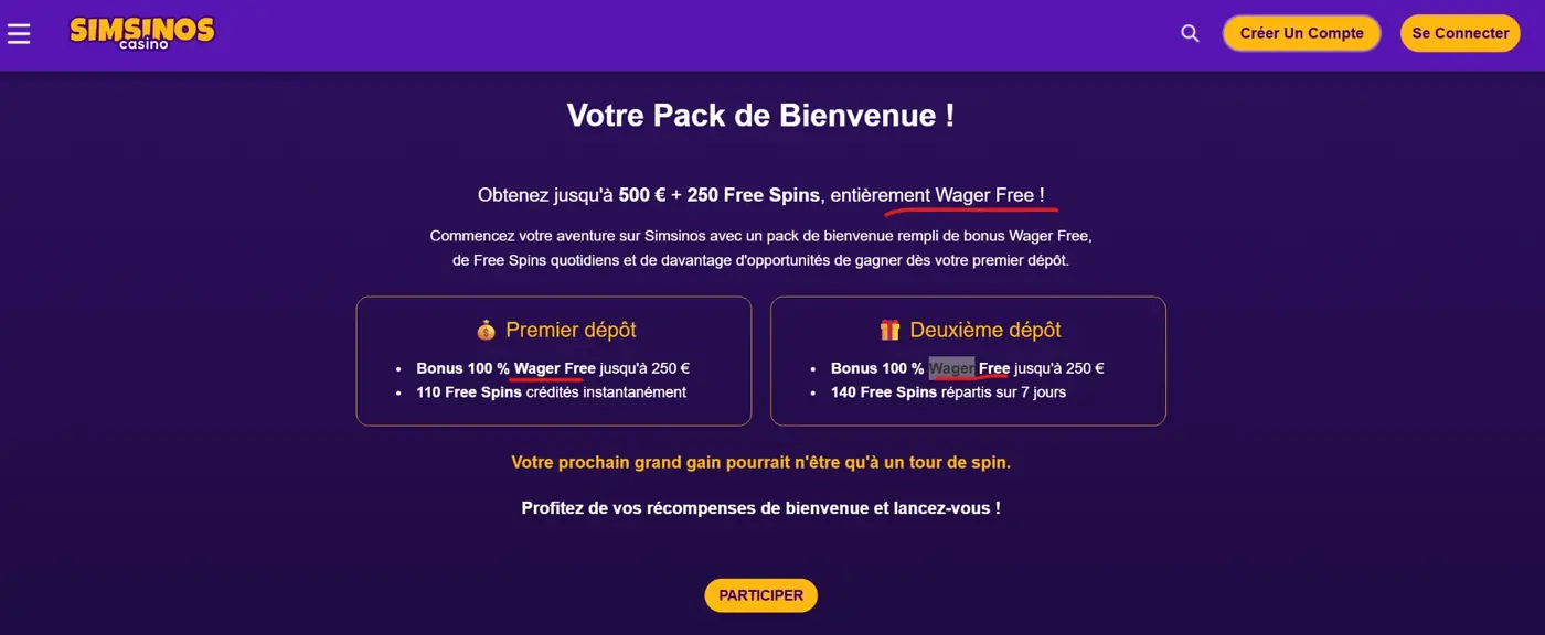 Conditions du bonus sans wager de Simsinos, capture du site du casino